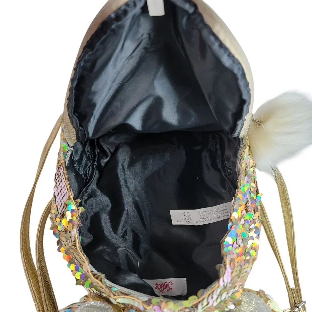 Justice Monogram E Sequin Mini Backpack Gold Unicorn Zipper Pockets Furry Adj